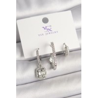 Pirinç Gümüş Renk Zirkon Taşlı Baget Halka Model 3'Lü Kadın Kombin Küpe - TJ-BKP10466