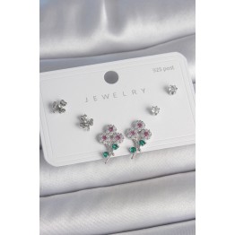 Pirinç Gümüş Renk Renkli Zirkon Taşlı Çiçek Model Yaprak Detay 925 Ayar Gümüş Çivi Kadın Küpe Seti TJ-BKP10487