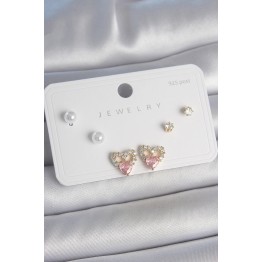 Pirinç Gold Renk Pembe Zirkon Taşlı Kalp Model İnci Detay 925 Ayar Kadın Küpe Seti TJ-BKP10488