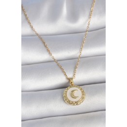 316L Çelik Gold Renk Zincir Beyaz Mineli Hilal İşlemeli Madalyon Model Kadın Kolye TJ-BKO10035