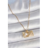 316L Çelik Gold Renk Zincir Zirkon Taşlı Açılır İncili Elmas Model Kadın Kolye TJ-BKO10049