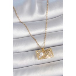316L Çelik Gold Renk Zincir Zirkon Taşlı Açılır İncili Elmas Model Kadın Kolye TJ-BKO10049
