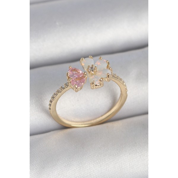 Pirinç Gold Renk Beyaz Mineli Pembe Zirkon Taşlı Çiçek Model Kadın Yüzük TJ-BYK3709