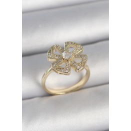 Pirinç Gold Renk Zirkon Taşlı Yonca Model Ayarlanabilir Kadın Yüzük TJ-BYK3719