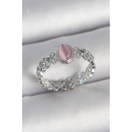 Pirinç Gümüş Renk Zirkon Taş Detaylı Pembe Mineli Damla Model Ayarlanabilir Kadın Yüzük TJ-BYK3724