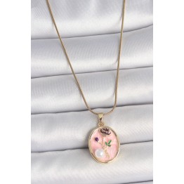 316L Çelik Gold Renk Zincir Pembe Çiçek İşlemeli İnci Detay Portre Model Kadın Kolye TJ-BKO10077