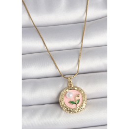 316L Çelik Gold Renk Zincir Pembe Çiçek İşlemeli inci Detay Portre Model Kadın Kolye TJ-BKO10079