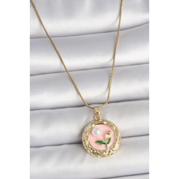 316L Çelik Gold Renk Zincir Pembe Çiçek İşlemeli inci Detay Portre Model Kadın Kolye TJ-BKO10079
