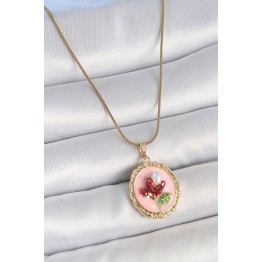 316L Çelik Gold Renk Zincir Pembe Mineli İncili Çiçek İşlemeli Portre Model Kadın Kolye TJ-BKO10155