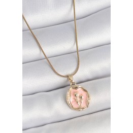 316L Çelik Gold Renk Zincir Pembe Mineli Çiçek İşlemeli Portre Model Kadın Kolye TJ-BKO10165