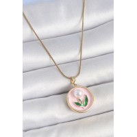 316L Çelik Gold Renk Zincir Pembe Mineli İncili Çiçek İşlemeli Portre Model Kadın Kolye TJ-BKO10169