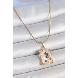 316L Çelik Gold Renk Zincir Pembe Mineli Çiçek İşlemli İnci Detay Portre Model Kadın Kolye TJ-BKO10185