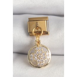316L Çelik Gold Renk Sallantı Zirkon Taşlı Yonca Model Nomination Charm TJ-BC1340