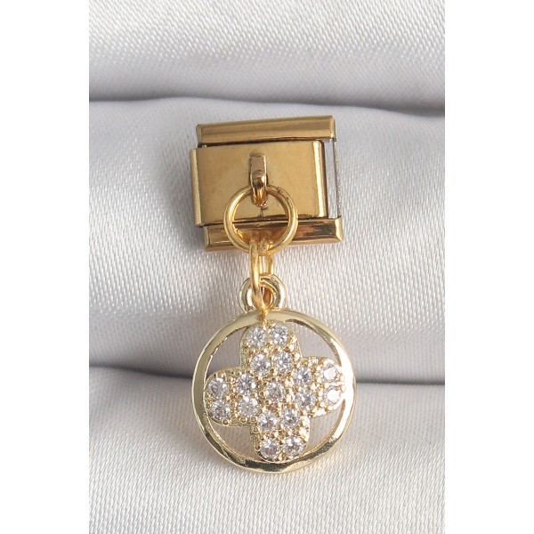 316L Çelik Gold Renk Sallantı Zirkon Taşlı Yonca Model Nomination Charm TJ-BC1340