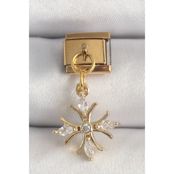 316L Çelik Gold Renk Sallantı Zirkon Taşlı Kar Tanesi Model Nomination Charm TJ-BC1341