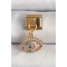 316L Çelik Gold Renk Sallantı Renkli Zirkon Taşlı Göz Model Nomination Charm TJ-BC1343