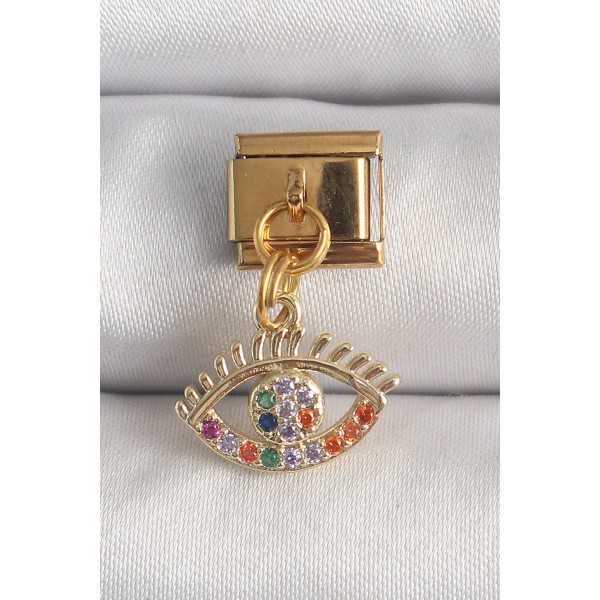 316L Çelik Gold Renk Sallantı Renkli Zirkon Taşlı Göz Model Nomination Charm TJ-BC1343