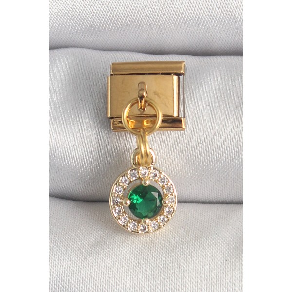 316L Çelik Gold Renk Sallantı Yeşil Zirkon Taşlı Nomination Charm TJ-BC1344