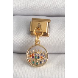 316L Çelik Gold Renk Sallantı Renkli Zirkon Taşlı Göz Model Nomination Charm TJ-BC1346