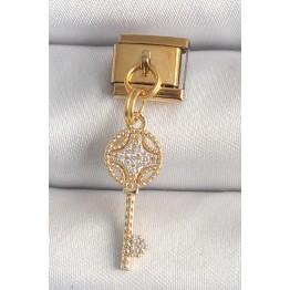 316L Çelik Gold Renk Sallantı Zirkon Taşlı Anahtar Model Nomination Charm TJ-BC1347
