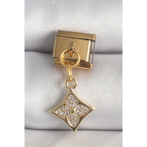 316L Çelik Gold Renk Sallantı Zirkon Taşlı Çiçek İşlemeli Nomination Charm TJ-BC1355