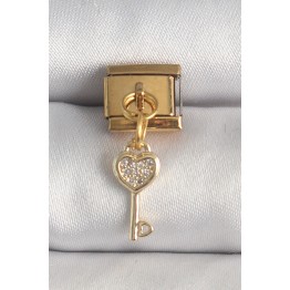 316L Çelik Gold Renk Sallantı Zirkon Taşlı Kalpli Anahtar Model Nomination Charm TJ-BC1371