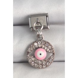 316L Çelik Gümüş Renk Sallantı Zirkon Taşlı Pembe Göz Model Nomination Charm TJ-BC1373
