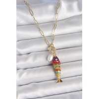 İnci Detaylı Zirkon Taşlı Rainbow Balık Figürlü Gold Renk Pirinç Kolye TJ-BKO10215