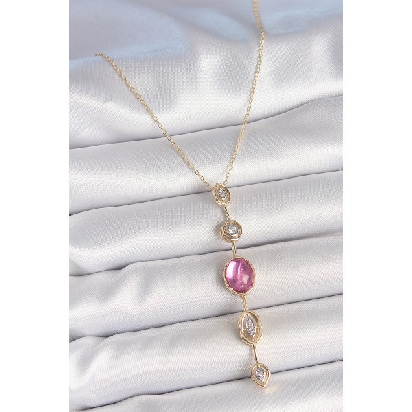 Pirinç Zincir Gold Renk Pembe Zirkon Taşlı Y Kolye TJ-BKO10228