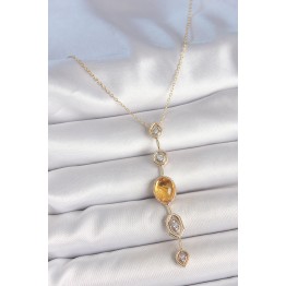 Pirinç Zincir Kehribar Sarı Gold Renk Zirkon Taşlı Y Kolye TJ-BKO10230