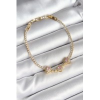Pirinç Sıralı Pembe Kalp Figürlü Zirkon Taşlı Gold Renk Kadın Bileklik TJ-BB6983