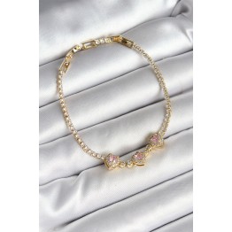 Pirinç Sıralı Pembe Kalp Figürlü Zirkon Taşlı Gold Renk Kadın Bileklik TJ-BB6983