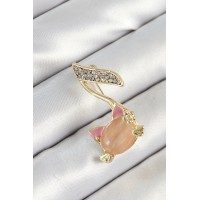 Zirkon Taşlı 3D Kedi Detaylı Nota Figürlü Gold Renk Kadın Broş TJ-BR444