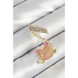 Zirkon Taşlı 3D Kedi Detaylı Nota Figürlü Gold Renk Kadın Broş TJ-BR444