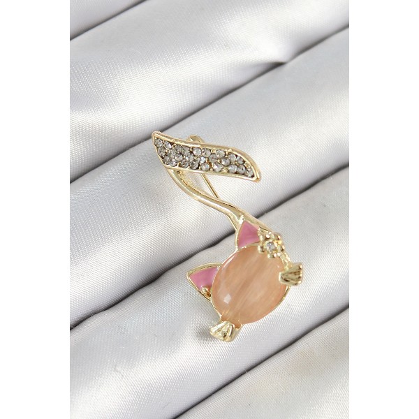 Zirkon Taşlı 3D Kedi Detaylı Nota Figürlü Gold Renk Kadın Broş TJ-BR444