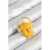 3D Kulaklıklı Sarı Civciv Figürlü Gold Renk Kadın Broş TJ-BR446