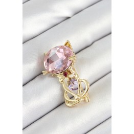 Pembe Zirkon Taşlı Kap Detaylı Kedi Figürlü Gold Renk Kadın Broş TJ-BR447