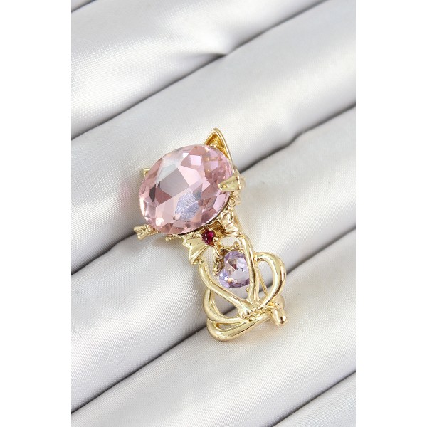Pembe Zirkon Taşlı Kap Detaylı Kedi Figürlü Gold Renk Kadın Broş TJ-BR447