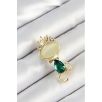 Yeşil Damla Zirkon Taşlı Kraliçe Taçlı Kedi Figürlü Gold Renk Kadın Broş TJ-BR450