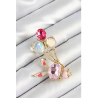 Zirkon Taşlı Balonlu Pembe Tavşan Figürlü Gold Renk Kadın Broş TJ-BR451