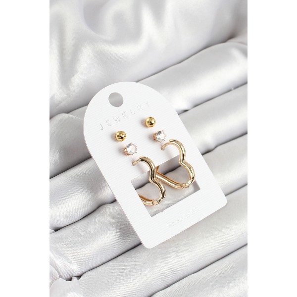 Pirinç Zirkon Taş Ve Kalp Figürlü Gold Renk 3'lü Çift Kadın Küpe Set TJ-BKP10650