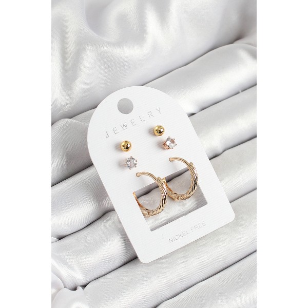 Pirinç Zirkon Taş Ve Halka Figürlü Gold Renk 3'lü Çift Kadın Küpe Set TJ-BKP10652