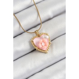 316L Çelik Zincir Pembe Sanatsal Portre İnci Detaylı Papatya Figürlü Kalp Model Gold Renk Kadın Kolye TJ-BKO10271