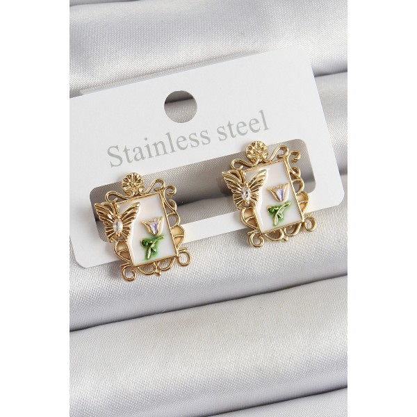 Pirinç Beyaz Mineli Sanatsal Portre Model Gold Renk Kadın Küpe TJ-BKP10683