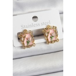 Pirinç Pembe Mineli Sanatsal Portre Model Gold Renk Kadın Küpe TJ-BKP10685