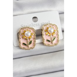 Pirinç Pembe Mineli Papatya Figürlü Sanatsal Portre Model Gold Renk Kadın Küpe TJ-BKP10687