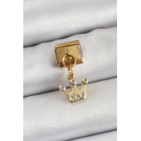 316L Çelik Sallantılı Zirkon Taşlı Kraliçe Tacı Model Gold Renk Nomination Charm TJ-BC1397
