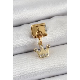 316L Çelik Sallantılı Zirkon Taşlı Kraliçe Tacı Model Gold Renk Nomination Charm TJ-BC1397