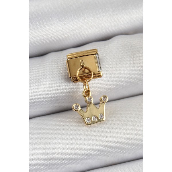 316L Çelik Sallantılı Zirkon Taşlı Kraliçe Tacı Model Gold Renk Nomination Charm TJ-BC1397