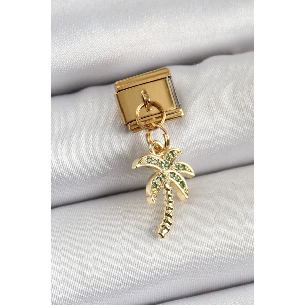 316L Çelik Sallantılı Zirkon Taşlı Palmiye Ağacı Model Gold Renk Nomination Charm TJ-BC1398